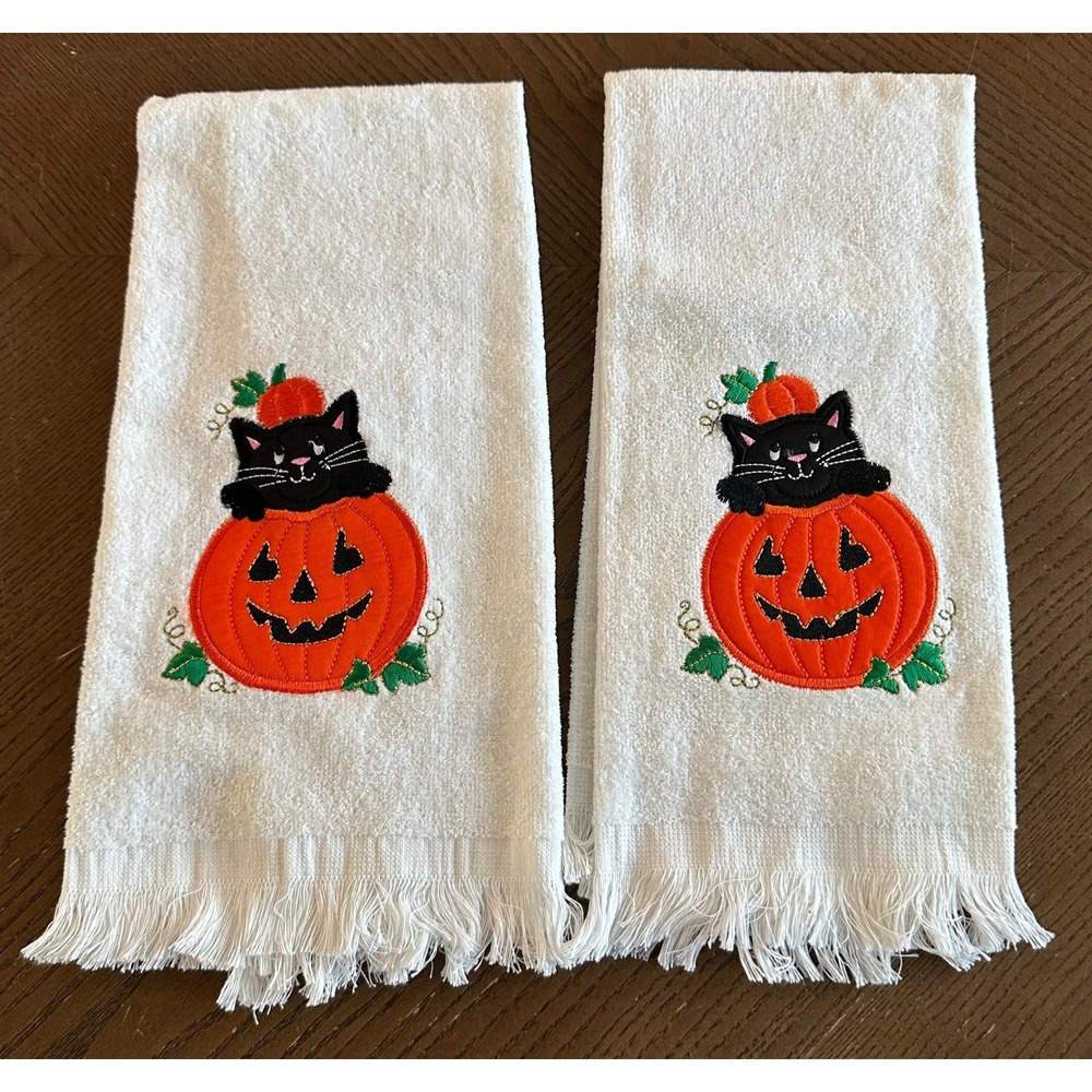 Halloween Black Cat Pumpkin Embroidered Hand Towels Set of 2 White Fringe Trim